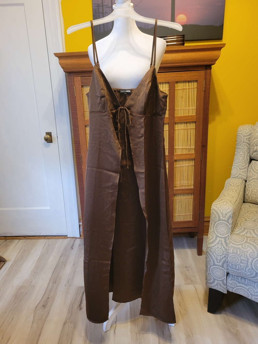 Fashion Nova Brown Satin Slip Dress with Front Tie Detail